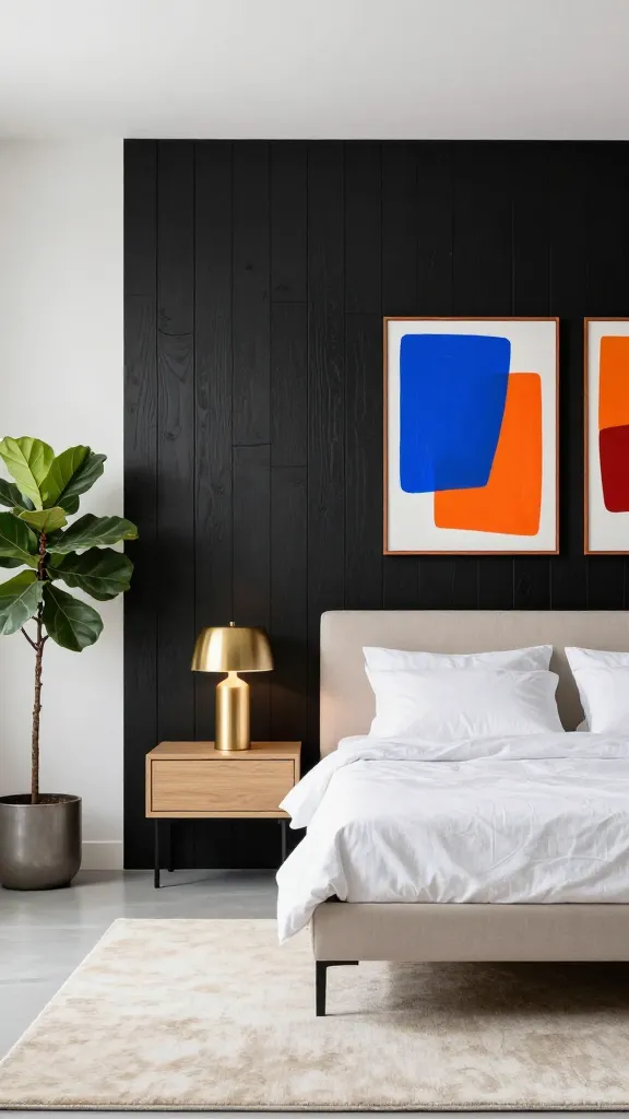 A high-contrast, modern bedroom interior featuring a dramatic accent wall composed of sleek, vertical black-stained wood paneling behind the bed. The remaining walls are bright white. Centered against the black wood wall is a minimalist king-size bed with a light beige upholstered headboard and crisp white linen bedding. On a light oak floating nightstand, a sculptural brushed gold table lamp provides a soft glow. Above the bed, two vibrant abstract art pieces, showcasing bold primary colors like electric blue and fiery orange, are elegantly framed in thin copper. A plush, light cream area rug covers the floor, and a single large potted fiddle-leaf fig plant adds a touch of greenery in a metallic planter. Realistic, high-quality professional interior design photography, natural light, no people, no text.
