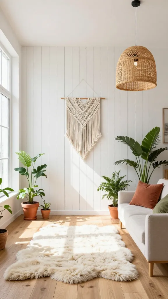 A bright, sun-drenched living room designed in a serene Scandi-Boho style. The focal point is a whitewashed vertical plank wood accent wall, extending from floor to ceiling, which maximizes brightness and creates a sense of height. In front of this accent wall, a plush, off-white sheepskin rug is layered over light oak wood flooring. A large, natural rattan pendant light fixture hangs from the ceiling, casting a warm glow. A delicate macrame wall hanging adorns the whitewashed planks, adding bohemian texture. A minimalist, light-colored sofa is adorned with soft cushions in earthy tones: a terracotta throw pillow and an olive green cushion. Lush green indoor plants in simple terracotta pots are strategically placed, enhancing the natural feel. Abundant natural light streams into the room through large windows, creating an airy and inviting atmosphere. Realistic, high-quality interior photography, no text.