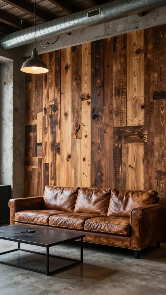A high-quality, realistic photo of a rustic modern industrial living room within a loft space. A prominent accent wall, made from rough-sawn lumber, commands attention with its visible saw marks, varied textures, and deep, natural wood tones, adding immense character and depth. In the foreground, a luxurious, distressed leather sofa sits opposite a sleek black steel coffee table. Exposed metallic ductwork traverses the ceiling, while raw concrete elements define the floor and a supporting pillar. Vintage factory pendant lights cast a warm, ambient glow, enhancing the rugged yet refined atmosphere. No text.