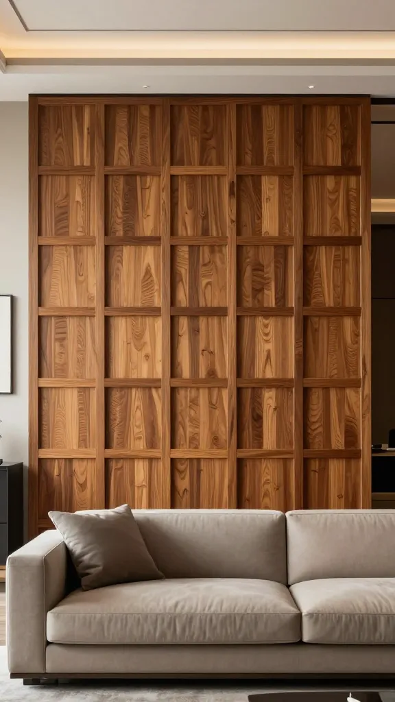 A high-resolution, professional interior photograph showcasing a sophisticated formal living room. The central feature is an elegant accent wall meticulously crafted from rich stained oak, presenting a precise architectural grid pattern formed by thin, structured wood strips. The warm tones and visible grain of the oak create a classic yet contemporary feel. In the foreground, a modern, solid-colored sofa in a neutral shade (e.g., charcoal grey or cream) with clean lines provides refined seating. Above the sofa, a piece of minimalist art subtly complements the room's aesthetic. The space is illuminated by subtle, ambient lighting, contributing to a clean, uncluttered, and luxurious atmosphere. No text on image.