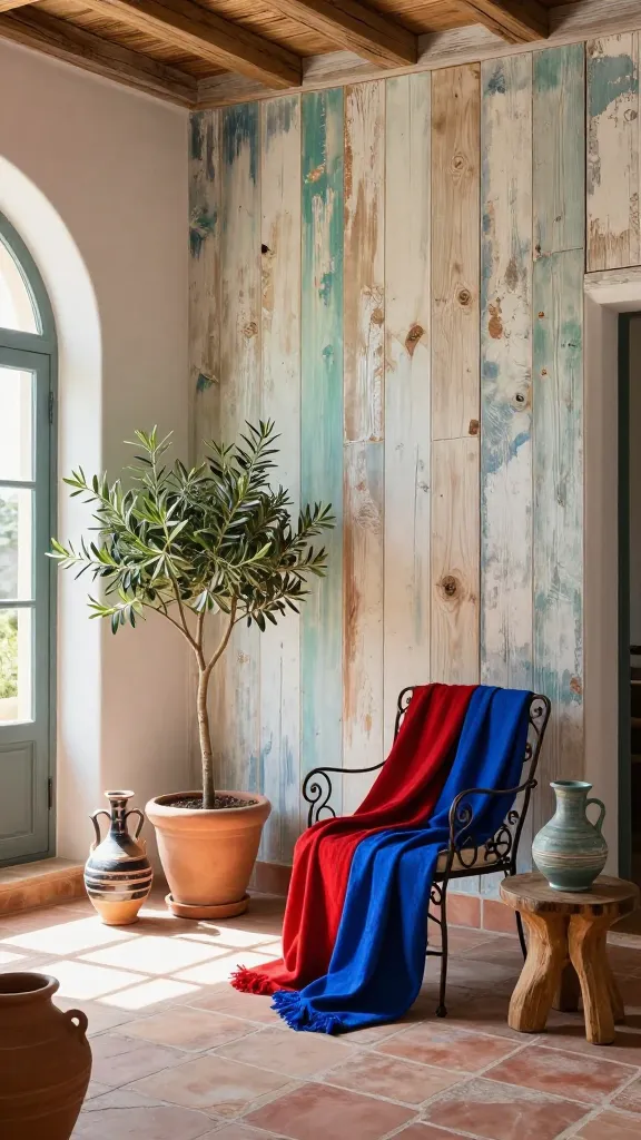 A sun-drenched Mediterranean villa interior, showcasing a prominent accent wall crafted from distressed cypress wood. The cypress planks display a light, weathered texture with subtle hints of faded blue and soft green wash, evoking old-world charm and coastal warmth. The floor is laid with rustic terracotta tiles. In a cozy reading nook, a comfortable armchair with elegant wrought iron details is draped with vibrant textiles in deep red and cobalt blue. A tall potted olive tree stands beside the chair, and various ceramic pottery pieces are artfully arranged on the floor and a small wooden side table. Natural light streams through a nearby arched window, illuminating the scene. Realistic, high-quality architectural photograph, sharp focus, no text.