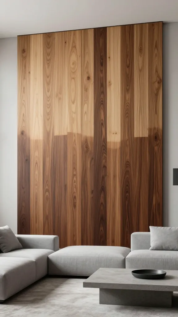 A high-quality, realistic photograph of a bold living room featuring a stunning ombre stained wood accent wall. The wall is composed of vertical wood planks, showcasing a mesmerizing gradient of wood stain colors, transitioning seamlessly from a light, natural blonde wood tone at the top to a deep, rich walnut hue at the bottom, creating a modern and artistic statement. The rest of the spacious living room is kept elegantly simple with a neutral color palette of soft greys and muted whites, featuring a sleek, contemporary light grey modular sofa and a minimalist concrete coffee table. Soft, diffused natural light streams into the room, highlighting the sophisticated texture and visual gradient of the wood wall. No text on image.