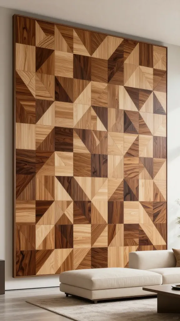 A stunning, large accent wall in a modern, spacious living room featuring an intricate geometric puzzle mosaic. The wall is composed of precisely cut pieces of mixed wood species, including light maple, warm oak, and dark walnut, formed into various shapes like triangles, squares, and trapezoids, fitted together seamlessly to create a dynamic, three-dimensional pattern. In front of the wall, a low-profile, solid-colored cream sofa with clean lines sits on a light rug, accompanied by a minimalist side table. Soft, natural light streams in from a large window, highlighting the diverse textures and grains of the wood. High-resolution, professional architectural photography, realistic, contemporary, no text.