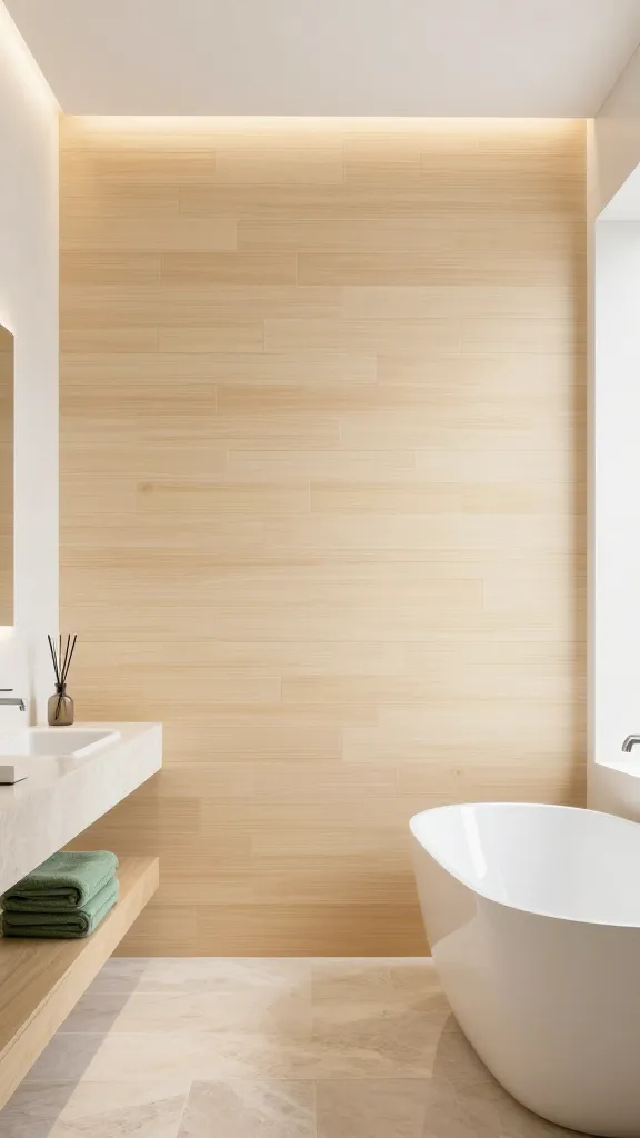 A high-quality, realistic interior design photograph showcasing a luxurious, tranquil spa-inspired bathroom. The central feature is a prominent accent wall composed entirely of smooth, light-colored horizontal bamboo panels, creating a uniform, calming texture. The room's aesthetic is built on a palette of creamy whites for the walls and sleek, minimalist fixtures, beautifully contrasted with soft, muted green accents from plush towels neatly stacked on a natural stone vanity countertop. A discreet aromatic diffuser sits beside the towels. A modern, minimalist freestanding bathtub sits elegantly, reflecting the serene ambiance, with natural stone flooring complementing the overall design. The scene is bathed in soft, diffused lighting, enhancing the clean, unwinding atmosphere. No text.
