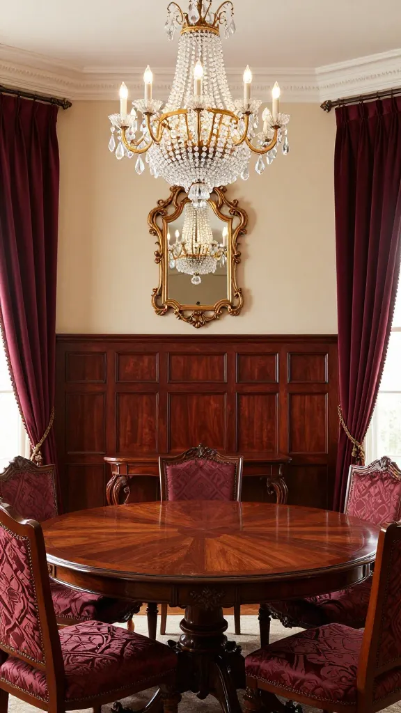 A high-resolution, realistic photograph showcasing a formal dining room with an accent wall featuring exquisite stained cherry wood raised panel wainscoting, covering the lower two-thirds of the wall. Above the wainscoting, the wall is painted a subtle, elegant cream. A grand, traditional mahogany dining table with ornate carvings is surrounded by dining chairs upholstered in rich brocade fabric. Centered on the wainscoted wall is a large, antique gold ornate mirror. Floor-length, heavy silk curtains in a deep burgundy frame a window. A multi-tiered crystal chandelier hangs gracefully from the ceiling, illuminating the room with a warm, opulent glow, emphasizing timeless elegance and classic sophistication.