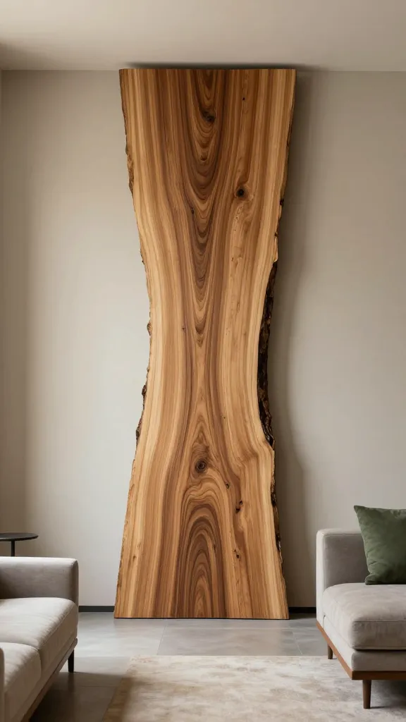A realistic, high-quality photograph of a modern living room designed with a dramatic focal point. The central feature is a striking raw edge slab wood accent wall, showcasing a single, large vertical slab of natural wood with prominent, untrimmed edges, highlighting its unique grain and organic texture. This sculptural wood piece is the undisputed star of the room. Minimalist decor elements complement the wall, with simple, low-profile modern furniture in a palette of earthy tones such as warm beige, soft grey, and muted greens. The surrounding walls are painted in a complementary neutral, earthy tone. Ample natural light bathes the space, accentuating the wood's texture and sculptural form. No text.