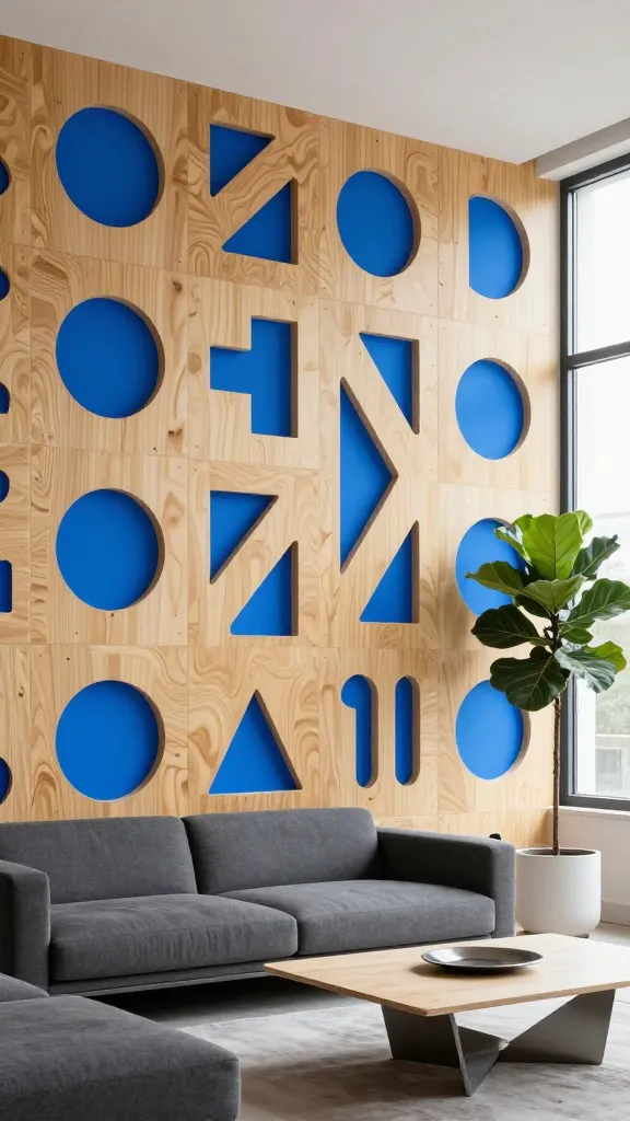 A high-quality, realistic photograph capturing a vibrant, modern living area. The focal point is a striking accent wall crafted from light-toned, natural plywood. This plywood wall features an intricate, repeating pattern of varied geometric cut-outs, including interconnected circles, triangles, and abstract organic shapes. Through these precise openings, a brilliant, contrasting electric blue color is visible, creating a dynamic sense of depth and playfulness. Soft, diffused natural light streams in from a large window, highlighting the texture of the plywood and the clean edges of the cut-outs. In front of the wall, a sleek, contemporary charcoal grey sofa with minimalist lines and a stylish, low-profile coffee table with an artistic metal base are arranged. A tall, elegant fiddle-leaf fig plant in a simple white pot adds a touch of organic life to the sophisticated space. The overall atmosphere is artistic, modern, and full of personality. No text.