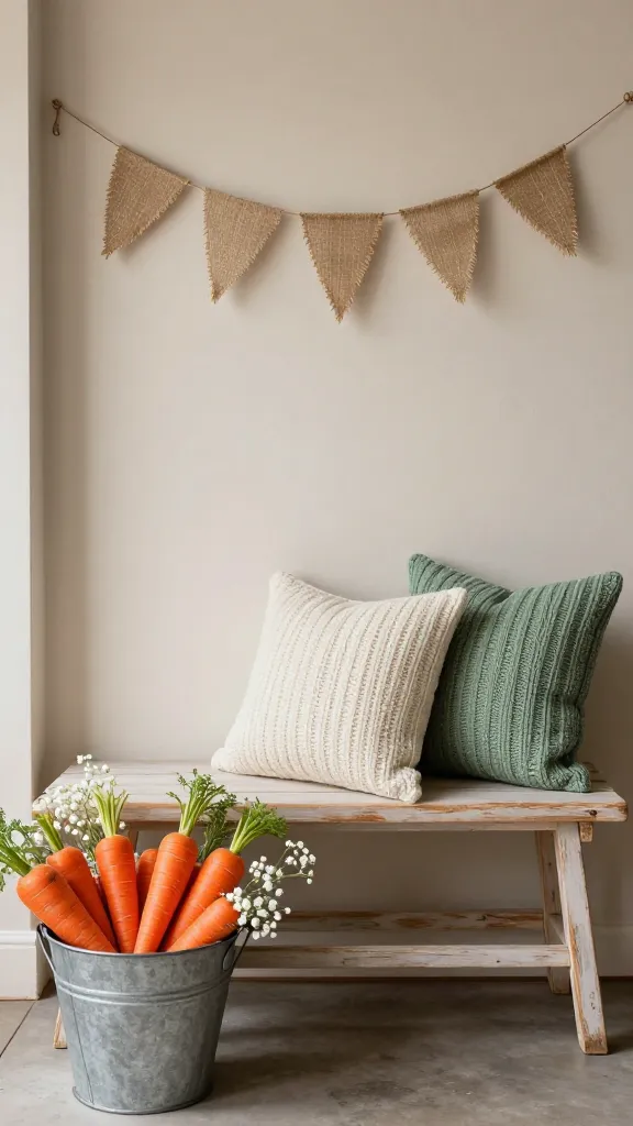 A high-quality, eye-level photograph of a rustic farmhouse entryway vignette. A small, distressed light wood bench is centered against a soft, neutral-toned wall. On the bench, two chunky knit throw pillows, one in cream and one in a muted sage green, are casually arranged. Above the bench, a simple, unadorned burlap banner with rustic pennants is strung. To the left of the bench, a weathered galvanized metal bucket is brimming with an abundant display of vibrant orange faux carrots and delicate white sprigs of baby's breath. The scene is bathed in warm, soft natural light, creating a welcoming and whimsical 'carrot patch' Easter atmosphere with rich textures and a shallow depth of field.