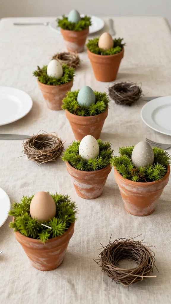 A rustic farmhouse dining table set for an elegant Easter feast, bathed in soft, natural light. A textured natural linen tablecloth serves as the foundation. Instead of a single centerpiece, the table is adorned with a series of artfully scattered elements: small, aged terra cotta pots, each meticulously filled with vibrant real moss and featuring a single, beautifully hand-painted wooden egg in muted pastel tones. Delicate, tiny bird nests made of natural twigs and straw are interspersed among the pots. The scene conveys a sophisticated yet budget-friendly holiday atmosphere. High-resolution, realistic photograph, sharp focus, detailed, no text on image.