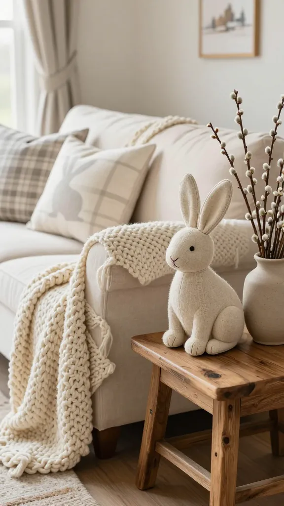 A high-quality, realistic photo of a cozy rustic farmhouse living room styled for Easter. A plush sofa is draped with a soft cream chunky knit throw blanket, inviting comfort. Adjacent chairs feature decorative throw pillows, one with a subtle light gray bunny silhouette and another with a muted cream and gray farmhouse plaid pattern. On a distressed wooden side table, a sophisticated, large plush fabric bunny crafted from natural linen sits elegantly, its presence whimsical but not overly cutesy. Small bundles of delicate pussy willows and natural twigs are artfully arranged in a simple ceramic vase nearby, adding an organic, spring touch. Soft, natural daylight streams in, highlighting the textures and creating a warm, inviting atmosphere. The overall scene evokes a subtle, elegant "bunny burrow" feel, perfect for a budget-friendly rustic farmhouse Easter celebration. Shot with a shallow depth of field, focusing on the sofa and side table arrangement.