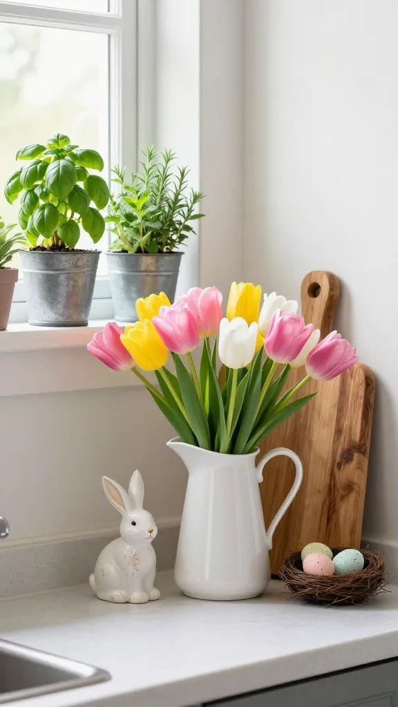A bright and airy farmhouse kitchen nook bathed in soft morning light. A simple white ceramic pitcher, overflowing with fresh, vibrant pink, yellow, and white tulips, stands as the centerpiece on a clean countertop. Leaning casually against a light-colored backsplash is a small, well-worn wooden cutting board. On the windowsill, a small herb garden thrives in three rustic galvanized pots, featuring lush basil, mint, and rosemary. Subtly integrated, a small, distressed white ceramic Easter bunny figurine sits beside the pitcher, and a tiny bird's nest with a few speckled pastel eggs is nestled nearby. The scene embodies a natural, fresh, and budget-friendly rustic farmhouse Easter decor aesthetic. High-quality, realistic photo, eye-level shot, shallow depth of field, natural lighting. No text.