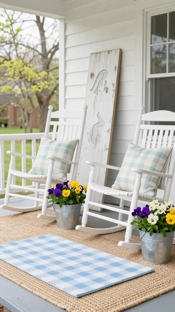 A charming, inviting rustic farmhouse porch, bathed in soft early morning spring light. In the foreground, a pastel light blue buffalo check doormat is layered over a larger, natural woven jute rug. Two classic white wooden rocking chairs are positioned on the porch, each adorned with a soft pastel plaid throw pillow in shades of light green and cream. A pair of shiny galvanized metal buckets, overflowing with vibrant purple, yellow, and white pansies and violas, flank the seating area. Leaning against the weathered white wooden wall of the house is a large, distressed light-colored wooden sign with a subtle, unreadable Easter-themed graphic or silhouette. The porch features classic white wooden columns and railings, with hints of fresh spring foliage visible in the soft-focus background. Realistic, high-quality photograph, professional composition, natural colors, no text.