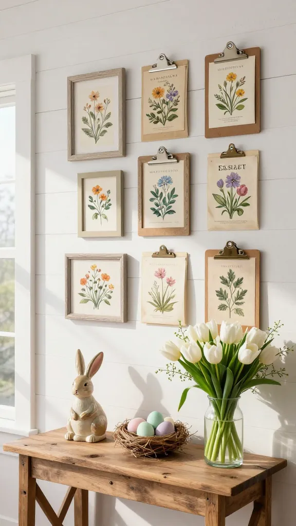 A high-quality, realistic photo of a rustic farmhouse living room wall, beautifully decorated for Easter. The focal point is a charming gallery wall featuring an artful arrangement of various vintage-style seed packets. Each packet, showcasing beautiful botanical illustrations of spring flowers and vegetables with classic serif fonts, is individually framed in simple, distressed light wood frames or mounted on antique-look clipboards, creating an eclectic yet cohesive display on a whitewashed shiplap wall. Below the gallery wall, on a distressed wooden console table, sits a rustic Easter centerpiece: a ceramic bunny figurine, a small nest filled with pastel-colored faux eggs, and a clear glass vase holding a bouquet of fresh white tulips and greenery. Soft natural light streams in from a nearby window, casting gentle shadows and highlighting the textures of the wood and decor. The overall atmosphere is warm, inviting, and celebrates spring and Easter in a budget-friendly farmhouse style.