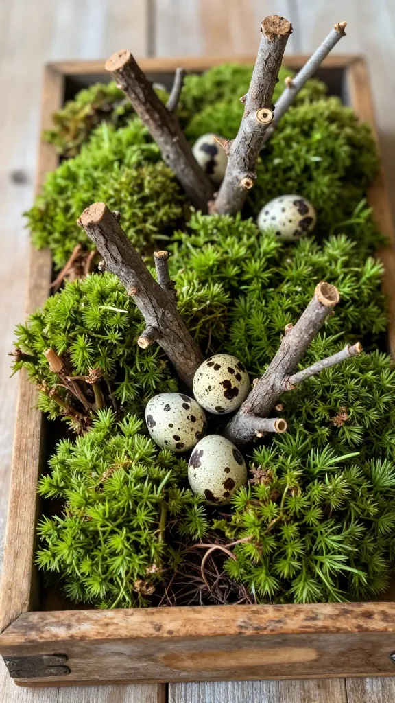 A high-angle, close-up, realistic photo of a rustic farmhouse Easter centerpiece. The centerpiece is arranged on a shallow, distressed wooden tray, filled with a generous, vibrant layer of craft moss. Various sizes of natural, weathered twigs and small branches are artfully arranged within the moss, creating organic height and texture. Nestled among the moss and branches are a few speckled quail eggs, adding a delicate, natural touch. The scene is bathed in soft, natural light, highlighting the rich textures and simple elegance, evoking a budget-friendly yet sophisticated farmhouse aesthetic. Shot with a prime lens for sharp detail and a shallow depth of field, showcasing the centerpiece as the focal point. No text.