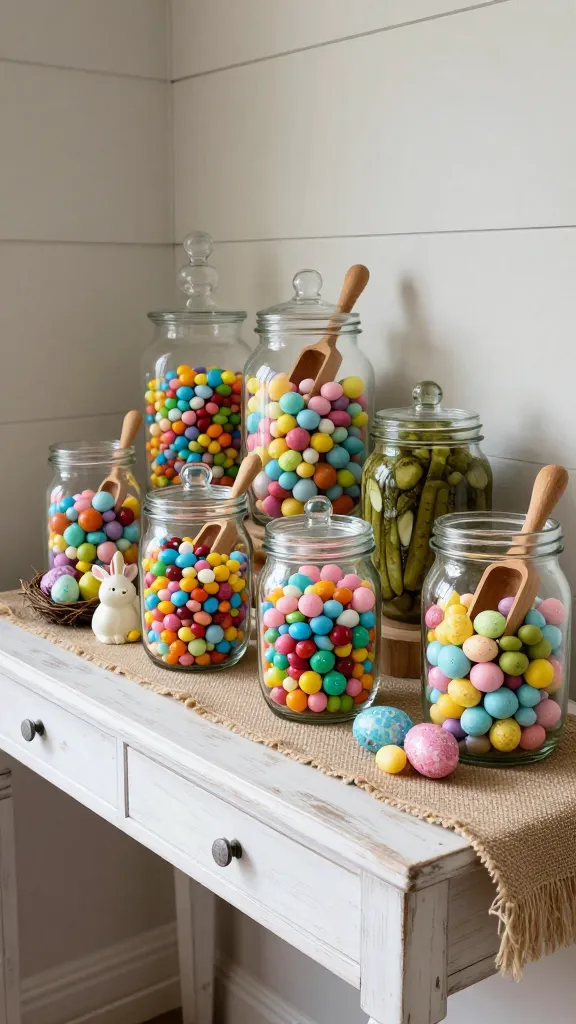A high-quality, realistic photograph of a rustic farmhouse Easter candy bar display. A distressed white wooden console table, placed in a softly lit corner of a cozy farmhouse-style room, is beautifully adorned with a textured burlap runner. An inviting assortment of clear glass jars, including a tall apothecary jar, a wide-mouth mason jar, and a vintage-style pickle jar, stands prominently on the runner. Each jar is filled to varying levels with a vibrant array of pastel Easter candies: colorful jelly beans, pastel M&Ms, and foil-wrapped chocolate eggs. Small, natural wooden scoops are neatly placed within or resting beside the jars. Subtle Easter accents like a small ceramic bunny figurine and a tiny nest with decorative eggs are artfully arranged around the sweet display. The background features a light-colored shiplap wall, enhancing the farmhouse aesthetic. Soft, natural light illuminates the scene, highlighting the textures and vibrant pastel colors. No text on image.