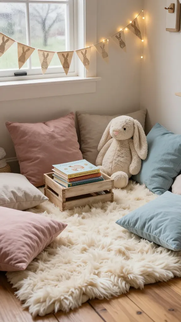 A high-quality, realistic photo of a cozy rustic farmhouse children's reading nook, infused with subtle Easter magic. The scene features a thick, soft cream-colored wool rug on light wooden floorboards. Scattered generously on the rug are several oversized floor cushions in muted pastel shades of dusty rose, pale blue, and natural linen. Above the nook, a string of warm white fairy lights is draped, intertwined with a charming bunting featuring small, minimalist bunny motifs made from natural fabric. A small, distressed light wooden crate sits on the rug, gently stacked with classic Easter-themed children's books like 'The Velveteen Rabbit' and 'Pat the Bunny'. A large, fluffy cream-colored plush bunny with long, floppy ears is nestled among the cushions. Soft, diffused natural light streams in from an unseen window, suggesting a peaceful, rainy spring day. The overall aesthetic is warm, inviting, and encourages quiet imagination. No text.