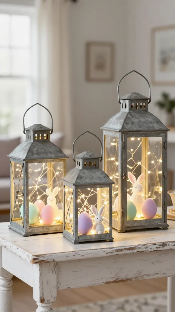 A high-quality, realistic photograph capturing a charming rustic farmhouse Easter display. A grouping of three galvanized metal lanterns of varying sizes is artfully arranged on a distressed white wooden console table. Each lantern is filled with delicate, warm white battery-operated fairy lights that emit a soft, magical glow. Tucked among the glowing lights inside the lanterns are a few small, pastel-colored faux Easter eggs in shades of mint green, pale pink, and lavender, along with one or two tiny white ceramic bunnies. The background is softly blurred, hinting at a cozy farmhouse living space with natural light filtering in. The overall mood is warm, inviting, and ethereal, perfectly capturing a budget-friendly Easter decor idea. No text.