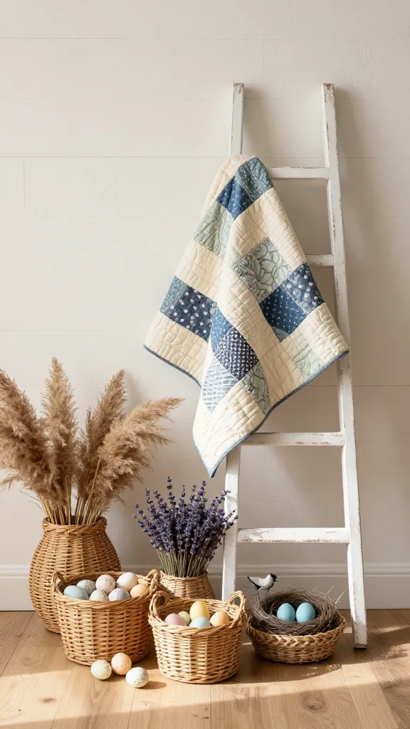 A cozy, high-resolution, professional eye-level photograph capturing a rustic farmhouse Easter decor display. In the foreground, a vintage-inspired heirloom patchwork quilt in soft, muted tones of cream, dusty blue, and pale sage is casually draped over a distressed white wooden ladder, leaning against a textured off-white shiplap wall. On the light oak floor below, a curated collection of three to four woven baskets of varying sizes and textures (wicker, rattan, seagrass) are artfully arranged. The largest basket is filled with a soft display of dried pampas grass and a scattering of natural-looking speckled faux Easter eggs in muted pastels. A medium basket holds a fragrant bundle of dried lavender, while a smaller basket features a delicate decorative bird's nest with tiny blue eggs. Soft, warm natural daylight streams in from the side, highlighting the textures and creating gentle shadows. The overall atmosphere is inviting, timeless, and subtly festive for Easter. No text.