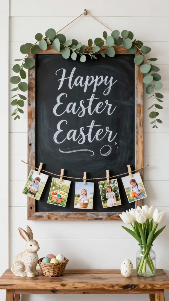 A high-quality, realistic photograph of a large, rustic farmhouse-style chalkboard hanging on a white shiplap wall in a cozy kitchen or entryway. The chalkboard features a distressed natural wood frame and displays an elegantly hand-lettered chalk message, conveying a festive Easter or spring theme, without any actual text visible on the image. A lush, simple eucalyptus garland gracefully frames the top and sides of the chalkboard, adding a fresh, organic touch. Small wooden clothespins are attached to the bottom edge of the chalkboard, holding a few charming, slightly vintage-toned photographs depicting children with Easter baskets, spring flowers, or family outdoor scenes. Below the chalkboard, on a distressed wooden console table or shelf, are subtle rustic Easter decorations like a small ceramic bunny, a woven basket with a few faux speckled eggs, and a small glass vase holding fresh white tulips. The scene is bathed in soft, natural daylight, creating a warm, inviting, and budget-friendly rustic farmhouse Easter decor vignette with a shallow depth of field to highlight the chalkboard display.
