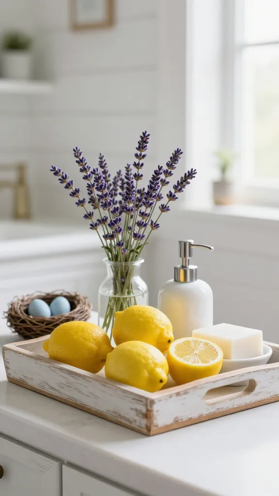 A high-quality, realistic close-up photograph at eye-level, showcasing a beautifully styled rustic farmhouse bathroom counter. The focal point is a small, light-toned distressed wooden tray, centrally placed. On the tray, several vibrant fresh yellow lemons are artfully arranged alongside a small clear glass vase holding delicate sprigs of fresh, fragrant purple lavender. A simple, elegant white ceramic soap dispenser and a matching dish with a bar of artisanal white soap complete the arrangement. To the side of the wooden tray, subtly placed, is a small, natural bird's nest containing one or two tiny, pale blue faux robin's eggs, hinting at rustic Easter charm. The background is softly blurred, revealing white shiplap walls and abundant soft natural light streaming in, creating a fresh, serene atmosphere. The overall aesthetic is clean, natural, and inviting, with a focus on textures and vibrant spring colors. No text.
