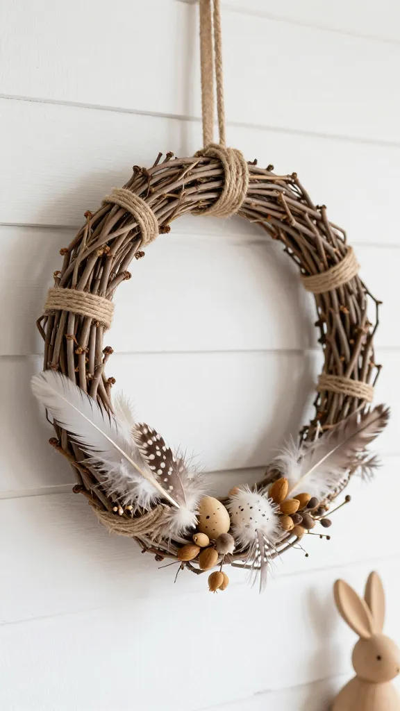 A high-quality, realistic photograph capturing a minimalist rustic Easter wreath. The wreath is crafted from a natural grapevine form, partially visible, and loosely wrapped with natural jute twine in several sections. It is delicately adorned with a few ethically sourced natural feathers of varying sizes in shades of white, brown, and speckled patterns, along with a small cluster of dried seed pods. The wreath hangs on a distressed white shiplap wall, subtly hinting at a rustic farmhouse interior in the soft-focus background, perhaps with a glimpse of natural Easter decor like ceramic eggs or a wooden bunny. Soft, warm natural light illuminates the scene, creating a serene and inviting atmosphere. No text.