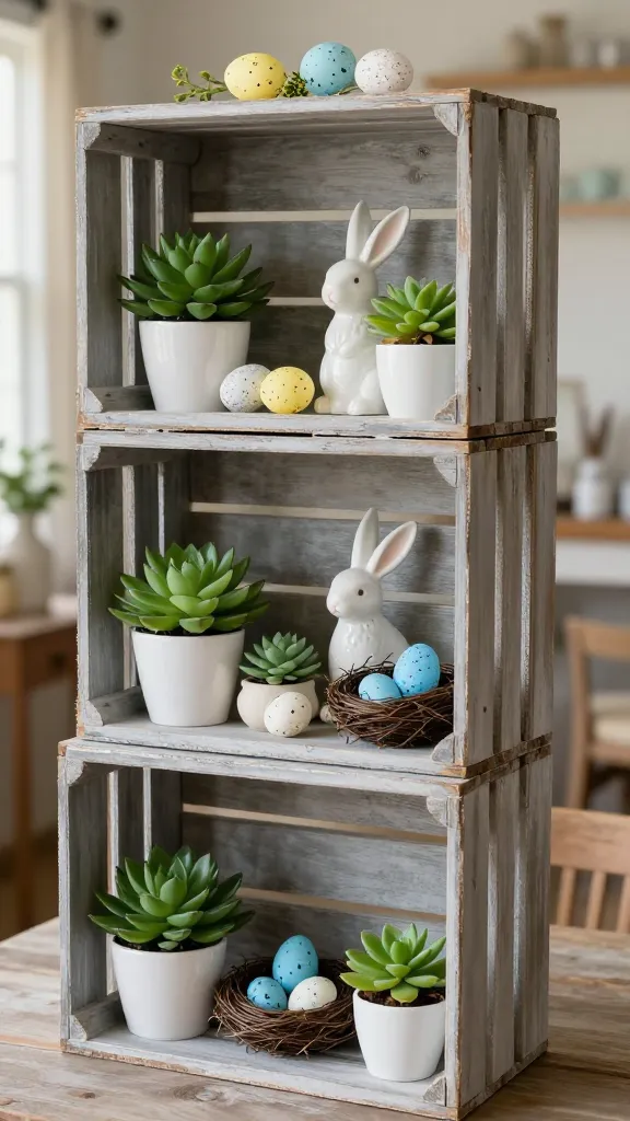 A high-quality, realistic photograph capturing a charming rustic farmhouse Easter decor display. Three distressed light gray wooden crates are artfully stacked on their sides, forming a multi-level tiered display. Within the 'shelves' of the crates, a curated collection of small Easter treasures is arranged: several small potted succulents in white ceramic pots, tiny faux green plants, a variety of white ceramic bunnies in different poses, and two miniature bird nests each holding small faux blue robin's eggs. A few decorative speckled Easter eggs are nestled amongst the items. The scene is illuminated by soft, natural light, creating a warm and inviting spring atmosphere. The background is a gently blurred farmhouse interior, hinting at a cozy setting. No text on the image.