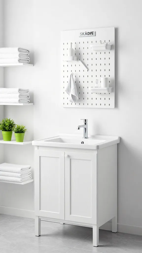A high-resolution, professional interior photograph of a minimalist Scandinavian bathroom. The central feature is an Ikea GODMORGON/BRÅVIKEN wash-stand in white stained oak effect, topped with a sleek white rectangular sink and a modern chrome faucet. Above the wash-stand, a white Ikea SKÅDIS pegboard system is neatly organized with a few essential, minimalist bathroom accessories. To the left, white Ikea ENHET open wall frames are perfectly styled with stacks of neatly folded white towels and two small, vibrant green potted plants. The room is bathed in soft, bright natural light, emphasizing crisp white walls and light grey floor tiles, creating an uncluttered, serene, and inviting atmosphere. No people, no text.