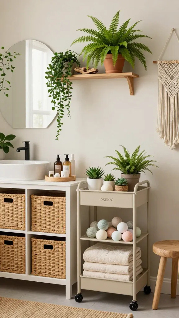 A high-quality, realistic photo of a serene boho-chic botanist's retreat bathroom, bathed in soft, diffused natural light. The scene showcases abundant greenery, natural textures, and earthy tones. Prominently featured is a light-colored open shelving unit, where several TOLKNING rattan storage boxes and baskets are neatly organized, holding various bathroom essentials. Adjacent to it, a beige RÅSKOG utility cart is thoughtfully arranged with stacks of plush, cream-colored towels, artisanal bath bombs, and small potted succulents and ferns. Above a smooth, light-colored wall, an ÄPPLARÖ wall shelf displays a charming collection of trailing plants, a terracotta pot with a vibrant fern, and a piece of natural driftwood. The room incorporates elements like a woven jute rug, a wooden stool, and a few macrame plant hangers, creating a soulful, calming atmosphere that feels like a permanent vacation. No text.