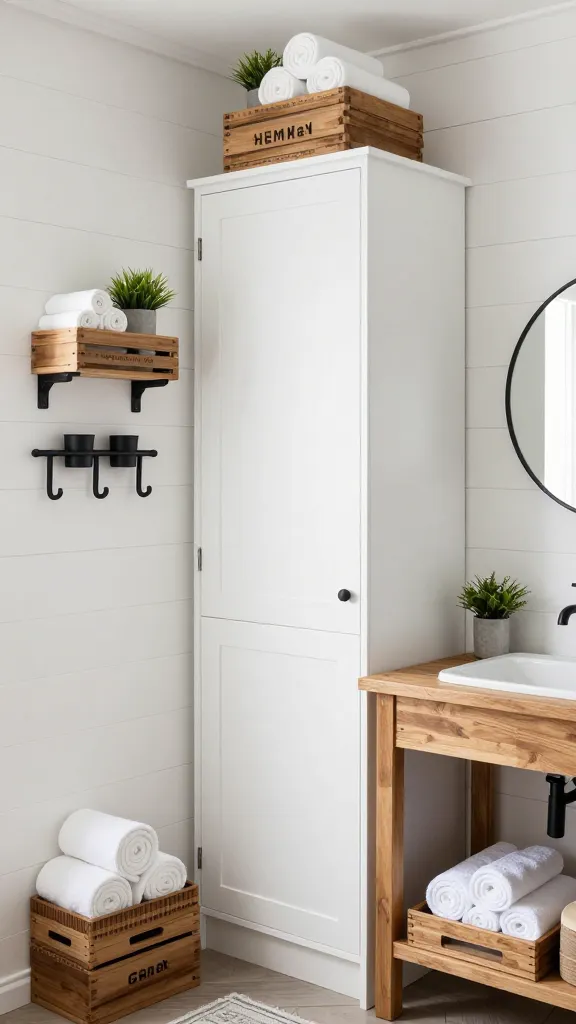 A bright and inviting modern farmhouse bathroom interior, professionally photographed with natural light. The walls are adorned with clean white shiplap. Central to the composition is a prominent, tall white IKEA HEMNES high cabinet, its closed doors emphasizing a tidy aesthetic. Above a warm-toned wooden vanity, a sleek matte black IKEA GRUNDTAL rail with matching containers and hooks adds industrial farmhouse flair. Nearby, several natural wood IKEA KNAGGLIG boxes are creatively arranged, some stacked as open storage displaying rolled white towels and small plants, others mounted individually as rustic shelves. Matte black hardware, including a minimalist faucet and a round mirror frame, provides sophisticated contrast against the white and wood. The overall feel is cozy, practical, and elegantly country chic. High resolution, realistic photo, no text.