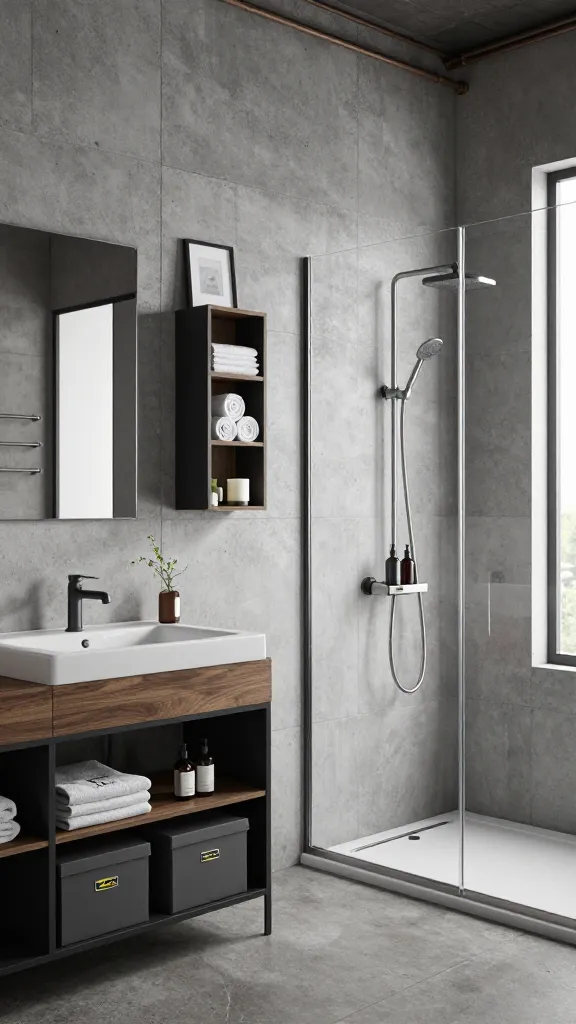 A professionally lit, wide-angle interior shot of a sophisticated industrial loft bathroom. The walls are primarily large format concrete-effect tiles in a cool grey tone, with a subtle textured finish. Dark, matte black metal accents are prominent in the fixtures, including the faucet, mirror frame, and a minimalist towel rail. Subtle dark metal exposed piping is integrated along the upper wall, adding to the urban aesthetic. To the left of a sleek, rectangular white sink set into a dark wood and metal vanity, a black-brown IKEA KALLAX shelving unit is neatly organized with two dark grey IKEA DRÖNA storage boxes on the lower shelves, concealing toiletries, while the upper cubbies display perfectly folded white towels and a small, minimalist plant. Adjacent to the vanity, an IKEA FJÄLLBO shelf unit, featuring black metal and solid dark wood shelves, holds a stack of rolled hand towels, a scented candle, and a small framed black-and-white art print, providing open yet curated storage. Visible within the frameless glass shower enclosure is a gleaming stainless steel IKEA BROGRUND shower caddy, holding a few dark, simple product bottles. The floor is a darker shade of concrete-effect tile. Soft, diffused natural light streams in from an unseen window, creating a serene and clean atmosphere. The overall impression is one of edgy refinement, functional elegance, and profound calm. High resolution, realistic photography.