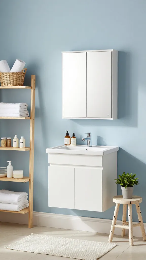 A high-resolution, professional photograph capturing a serene coastal-inspired bathroom. The walls are painted a soft, muted sea-blue, complemented by sandy white trim. Abundant natural light streams in, illuminating a modern white ceramic sink and faucet. Centered above the sink is a pristine white IKEA HEMNES mirror cabinet with two doors, providing essential hidden storage. To the left, a set of light, natural wood open shelves holds neatly folded white towels and several IKEA BRANÄS rattan baskets, some containing rolled hand towels and others small, beach-inspired toiletries, adding a touch of organic texture. An IKEA RÖNNINGE stool in light birch wood is positioned beside the vanity, holding a small potted green plant. The flooring features light, matte tiles, and a soft, woven off-white bath mat rests in front of the sink. The overall atmosphere is light, airy, and utterly refreshing, evoking a gentle ocean breeze. No text.