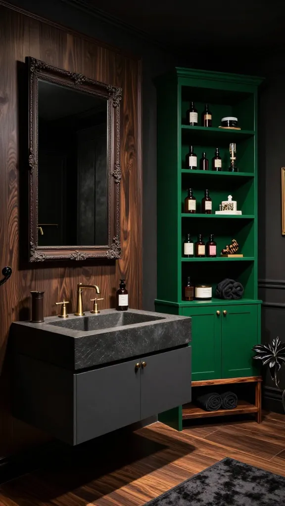 A high-resolution, professional interior photograph of a dark and moody maximalist bathroom. The centerpiece is a floating dark grey GODMORGON vanity, topped with a striking, integrated dark stone sink and opulent antique brass fixtures. Above it, a large, ornate dark-framed mirror reflects the dimly lit, dramatic space. Adjacent to the vanity, a tall BILLY bookcase, painted a rich, deep emerald green, is extravagantly styled with an array of dark-bottled luxury toiletries, small framed art, and decorative objects, showcasing its dual role as storage and opulent display. A stained dark birch VILTO shelf unit is subtly placed in the background, holding dark, rolled towels and a small, dark-leaf potted plant. The room features luxurious textures like dark wood paneling, velvet accents, and subtle metallic details, all bathed in warm, atmospheric lighting that creates dramatic shadows.