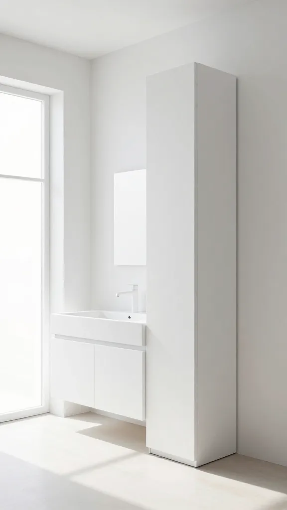 A high-quality, realistic photograph of a bright and airy minimalist bathroom, bathed in abundant natural light streaming from a large window. The space is predominantly pure white with subtle accents of light wood. The focal point is a pristine white IKEA GODMORGON/ODENSVIK wash-stand, featuring seamless, integrated storage and a sleek, minimalist sink. To its side, a tall, slim white IKEA LILLÅNGEN high cabinet stands elegantly, maximizing vertical storage without adding bulk. The room exudes a monastic sense of calm, with every item purposefully placed and absolutely no visible clutter, showcasing integrated and invisible storage solutions. The overall aesthetic is incredibly clean, serene, and functional.