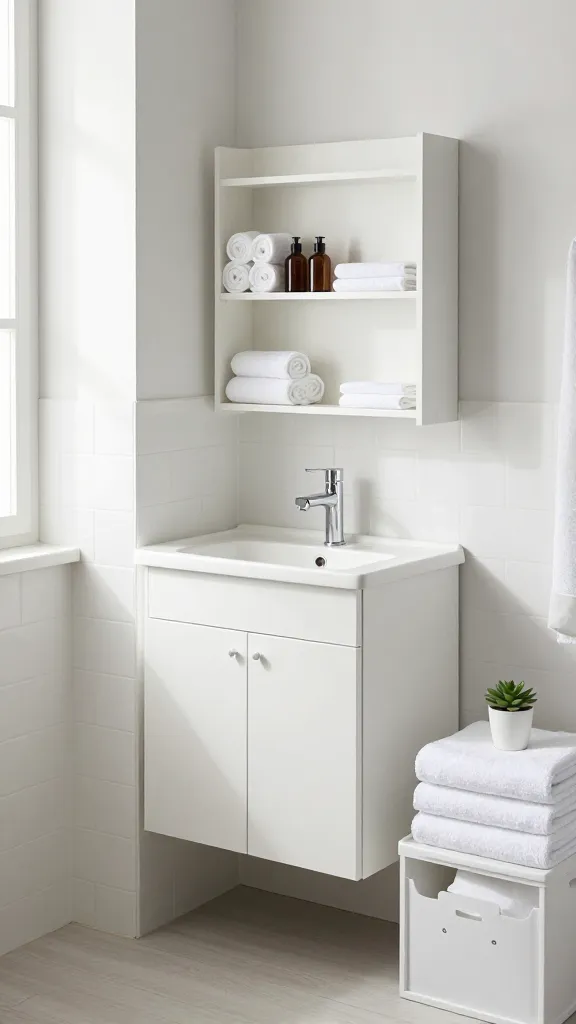 A high-quality, realistic photograph capturing a small, urban apartment bathroom designed for maximum functionality and a calming atmosphere. The central element is a compact white IKEA LILLÅNGEN wash-basin cabinet with two doors, neatly integrated under a modern, space-saving sink with a sleek chrome faucet. To its immediate side, tucked perfectly into a narrow nook, stands a slim white IKEA VESKEN shelf unit, holding neatly rolled white hand towels and small, minimalist amber glass toiletry bottles. In an adjacent corner, possibly above the toilet or within a shower alcove, a stackable white IKEA DYNAN open storage combination is utilized, displaying fluffy white bath towels and a small potted green succulent. The bathroom features light-colored, possibly small white subway-tiled walls, a light grey floor, and abundant natural light filtering in, creating a bright, airy, and uncluttered environment. All surfaces are clean and sparkling, emphasizing serene organization and clever vertical space utilization. No text.