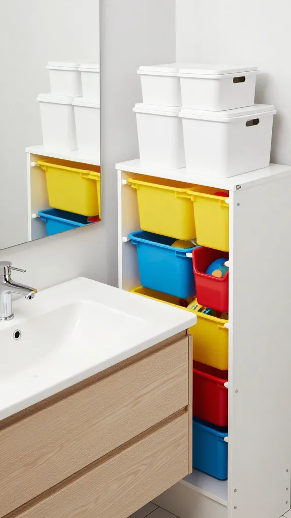 A high-resolution, photorealistic interior shot of a bright and cheerful family bathroom designed for ultimate organization. The focal point is a modern IKEA GODMORGON double sink vanity in a light wood finish, featuring two integrated sinks and numerous closed drawers below, clearly indicating separate storage for family members. Adjacent to the vanity, a white IKEA TROFAST storage combination with vibrant, colorful plastic bins (e.g., yellow, blue, red) is neatly arranged, filled with bath toys and kid-friendly essentials. Above, or on nearby open shelving, several white IKEA KUGGIS storage boxes with lids are stacked tidily, contributing to the clean and clutter-free aesthetic. The space feels durable, easy to clean, and practical, with smooth surfaces and a resilient finish. Ample natural light illuminates the room, highlighting the smart storage solutions and creating a calm, inviting, and family-friendly atmosphere. Professional interior photography style, sharp focus, no people.
