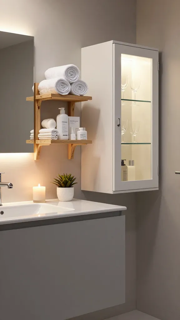 A high-resolution, photorealistic image of a luxurious, spa-like bathroom designed for ultimate relaxation. The focal point is a sleek, high-gloss grey IKEA GODMORGON vanity with a pristine white countertop basin, adorned with a lit scented candle and a small, minimalist plant. To one side, a birch IKEA VILTO shelf unit artfully displays perfectly rolled, plush white towels and luxurious, high-end bath products, treating them as beautiful objects. Adjacent to it, a white IKEA HEMNES glass-door cabinet showcases delicate, elegant glassware, softly illuminated from within. The overall color palette is muted and sophisticated, featuring soft greys, warm whites, and natural wood tones. Soft, warm ambient lighting emanates from hidden sources and a gentle overhead fixture, creating a serene and calming atmosphere, reminiscent of a five-star hotel. Every detail contributes to a sense of tranquility and refined comfort.