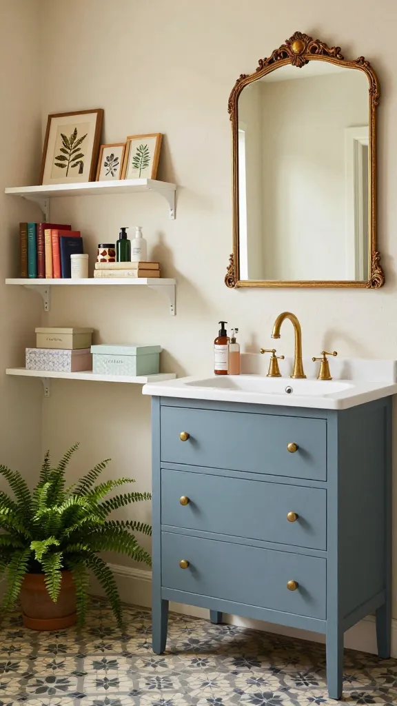 A high-quality, professional interior photograph of a charming vintage eclectic bathroom. A HEMNES chest of 3 drawers, painted a muted dusty blue, is repurposed as a unique vanity, topped with a simple white countertop basin and a vintage-style brass faucet. Above it, a large, ornate antique-inspired gold-framed mirror reflects soft, natural light. To the left, a sleek white FJÄLKINGE shelf unit stands against a textured cream wall, beautifully displaying a curated collection of quirky accessories: small framed botanical prints, a unique ceramic figurine, and a stack of colorful old hardcover books. Several VARIERA boxes in varying subtle patterns and soft contrasting colors are neatly arranged on the FJÄLKINGE shelves and an additional floating shelf, adding eclectic flair while neatly organizing toiletries. The room features warm, inviting lighting, a patterned zellige tile floor, and a potted fern, creating a personalized, playful, and instantly calming atmosphere.
