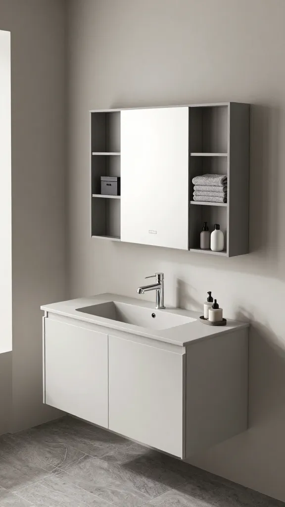 A high-angle, realistic photo capturing a serene and sophisticated modern bathroom, predominantly styled in varying shades and textures of greige. The focal point is a sleek IKEA GODMORGON vanity in white-stained oak, topped with a minimalist integrated sink and a subtle greige countertop. Above it, a matching IKEA GODMORGON mirror cabinet reflects a soft, diffused light, blending seamlessly into the wall. To one side, an arrangement of IKEA ENHET open wall frames and closed cabinets in a muted grey creates a unified storage solution, housing neatly stacked towels and a few decorative items in complementary greige tones. Inside the open shelving, several IKEA KUGGIS storage boxes in dark grey are visible, keeping toiletries tidy. The walls are painted in a light greige, complementing the darker greige floor tiles, creating depth and warmth. Natural light streams in gently from an unseen window, highlighting the cohesive and calming monochromatic scheme. The overall impression is one of immaculate tidiness and sophisticated calm. High resolution, professional photography, natural lighting.