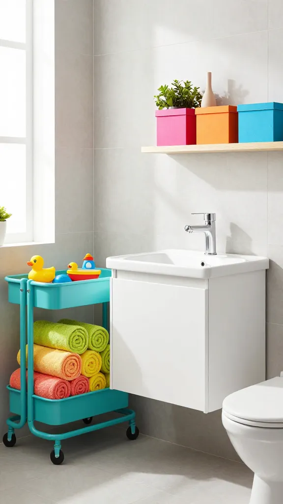 A bright and inviting modern bathroom featuring a clean white LILLÅNGEN wash-basin cabinet with a sleek integrated sink, set against a backdrop of soft, matte light gray wall tiles. To the side, a vibrant turquoise RÅSKOG utility cart holds neatly rolled, plush towels in varying shades of coral, sunny yellow, and lime green, along with a couple of playful bath toys like a rubber duck or a colorful boat. Above the toilet or on an adjacent wall, light wood floating shelves display a few TJENA storage boxes in cheerful hues such as fuchsia, orange, and sky blue, subtly peeking out from behind a small potted green plant or a minimalist decorative vase. The room is bathed in soft, natural daylight streaming from a window, creating a fresh, invigorating, and cheerful atmosphere. High-resolution, realistic photo, wide-angle shot, inviting composition, no text.