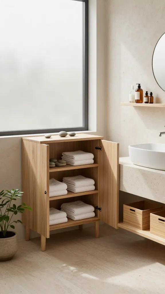 A high-angle, realistic, professional photograph of a serene, Zen garden-inspired bathroom oasis, bathed in soft natural light filtering through a large, frosted window. The minimalist space is dominated by warm, light-stained natural wood and smooth, light-colored stone textures. Front and center, an open-concept IKEA HEMNES open cabinet in a light wood stain stands against a textured wall, its shelves meticulously organized with neatly folded white towels and a display of smooth, polished river stones. Adjacent to it, an IKEA VILTO shelf unit crafted from light birch wood holds elegant glass bottles of bath salts and small amber essential oil bottles. Discreetly placed on a nearby counter or a lower shelf are a few IKEA VARIERA storage boxes made of light bamboo, maintaining the natural aesthetic. The floor is a light, natural stone. A small, carefully placed green plant in a simple ceramic pot adds a touch of life. The overall atmosphere is one of quiet contemplation, simplicity, and natural tranquility. No text.