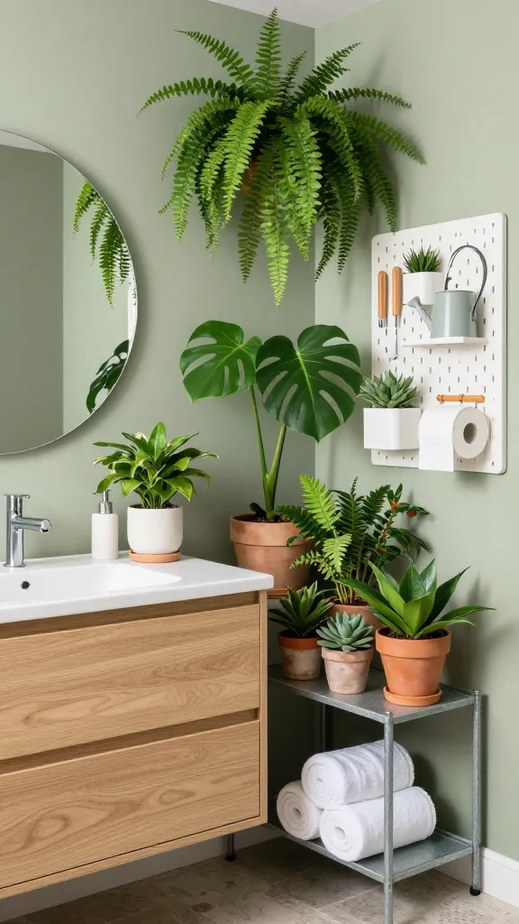 A high-quality, realistic photograph of a bright, inviting bathroom transformed into a lush urban jungle haven. The focal point is a sleek, minimalist IKEA GODMORGON vanity in light wood, topped with a pristine white counter holding a single elegant ceramic plant pot and a subtle, modern soap dispenser. Above the vanity, a large, round mirror reflects the abundance of greenery. Adjacent to the vanity, a tall, galvanized IKEA HYLLIS shelf unit is overflowing with a vibrant collection of potted plants, including cascading ferns, a thriving Monstera, and various succulents in earthy terracotta and ceramic pots. A few neatly rolled, crisp white towels are tucked onto one of the lower HYLLIS shelves. On a nearby wall, a white IKEA SKÅDIS pegboard is thoughtfully organized, featuring small wooden-handled plant tools, a minimalist watering can, and spare rolls of toilet paper neatly tucked into its custom white containers and shelves. The bathroom walls are painted in a warm, muted sage green, complemented by natural wood accents and a subtle stone texture on the floor. Bright, natural light floods the space, enhancing the vibrant greens and creating a serene, refreshing atmosphere. No text.