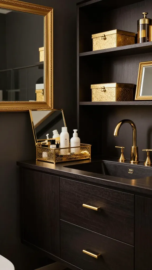 A high-resolution, realistic interior design photograph of a luxurious and chic modern bathroom. The central focus is a dark black-brown IKEA GODMORGON vanity, featuring an integrated sink with a sleek gold faucet and elegant gold drawer pulls. On the vanity top, a gold-trimmed IKEA SAXBORGA storage box with a lid and mirror elegantly holds vanity essentials, gleaming under soft, warm light. Adjacent to the vanity stands a dark-stained IKEA VILTO shelf unit, beautifully adorned with several gold-framed mirrors of varying sizes and sophisticated gold-accented storage boxes. The overall ambiance is calming and sophisticated, with polished surfaces and rich dark tones providing a perfect backdrop for the sparkling gold accents. No text on image.