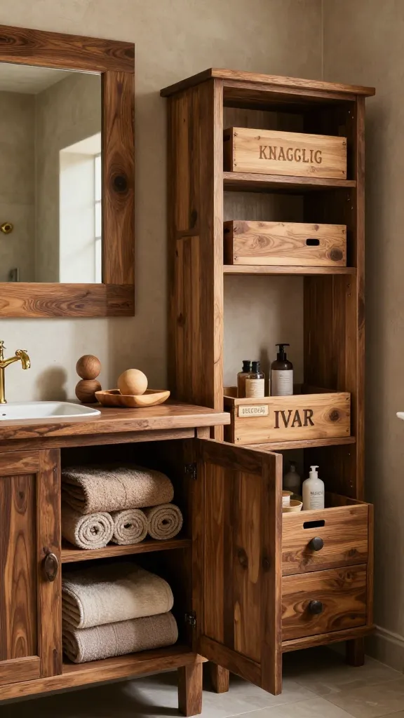 A high-quality, professional interior design photograph capturing a cozy, rustic bathroom. The main focal point is a dark-stained HEMNES open cabinet, artfully styled with neatly rolled, textured rustic towels in warm earthy tones and a collection of handcrafted wooden accessories like a carved soap dish and decorative wooden spheres. Adjacent to it, a robustly stained and sealed IVAR shelving unit is seamlessly adapted for bathroom use, integrated with several KNAGGLIG wooden boxes functioning as both open bins for larger items and pull-out drawers for smaller essentials. The room features exposed natural wood elements, possibly a reclaimed wood vanity or wall accents, and walls with subtle, earthy textured plaster. Soft, warm natural light filters into the space, enhancing the rich wood grains and creating a welcoming, grounded atmosphere. The overall aesthetic is warm, slightly rugged, and authentically handcrafted, showcasing simple lines and natural materials.