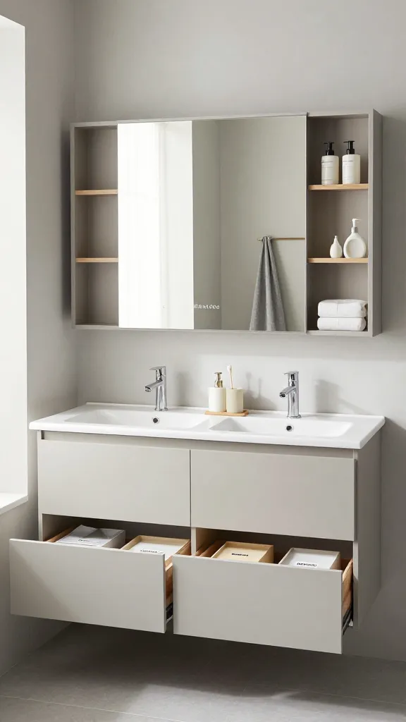 A high-quality, realistic photo of a serene and modern 'His & Hers' bathroom, showcasing exemplary organization and balanced personal space. The central feature is a sleek **Ikea GODMORGON double sink vanity** with two integrated white sinks, flanked by two sets of handleless drawers below, clearly designed for individual storage. Above, an **Ikea HEMNES mirror cabinet** with multiple sections provides ample separate compartments for each person. One of the vanity drawers is partially open, revealing neatly arranged **Ikea KUGGIS storage boxes** in various sizes, suggesting personalized organization for toiletries. The counter is immaculately tidy, featuring matching minimalist accessories for two, such as elegant soap dispensers and toothbrushes. Soft, natural light bathes the space, highlighting a calming palette of muted whites, light grays, and natural wood accents. The overall aesthetic is one of harmonious functionality, tranquil modern design, and a perfectly shared yet individualized bathroom experience. Interior design magazine quality, no text.