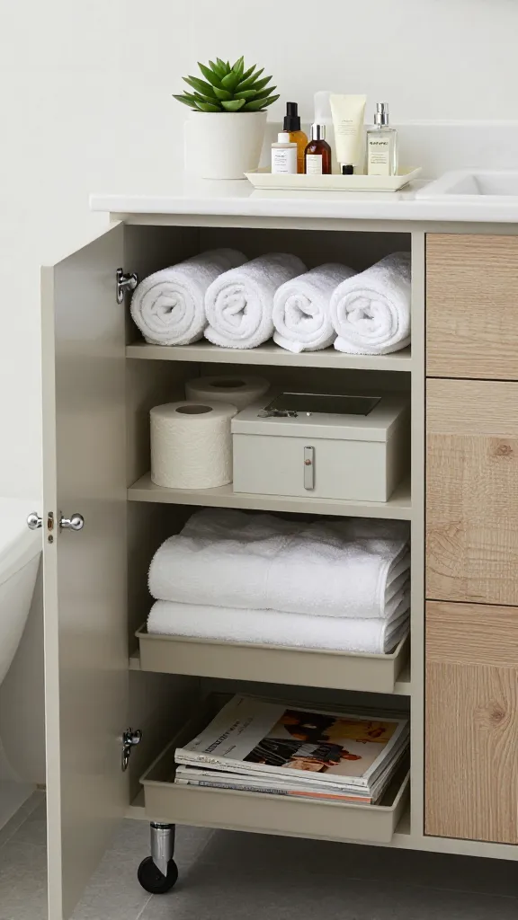 A high-quality, realistic photograph of a serene and elegantly organized guest bathroom corner, designed to feel like a boutique hotel. The focal point is a light-toned IKEA HEMNES open cabinet, beautifully styled. Its upper shelves display neatly rolled fresh white guest towels, a small, vibrant potted succulent, and a curated selection of miniature, high-end guest toiletries arranged on a delicate tray. Adjacent to the cabinet, an IKEA RÅSKOG utility cart in a neutral tone is thoughtfully stocked: the top basket holds extra rolls of premium toilet paper, the middle basket contains perfectly folded plush white towels, and the bottom basket features a couple of sophisticated design magazines. An IKEA SAXBORGA storage box with a lid and mirror is subtly placed on one of the HEMNES shelves. The room features a clean, calming color palette of soft whites, light grays, and natural wood tones, enhanced by abundant, soft, diffused natural light filtering in, creating a welcoming and tranquil atmosphere. The overall impression is one of thoughtful anticipation and serene luxury.