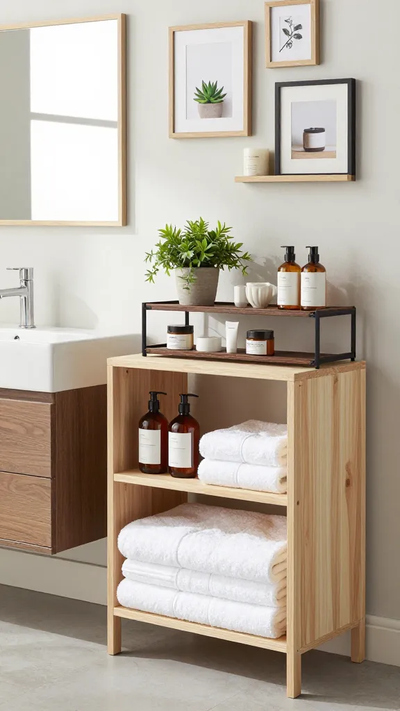 A high-quality, realistic photo of a serene, modern bathroom featuring an 'Open Shelving Oasis' design. The focal point is a combination of Ikea storage solutions: a VILTO shelf unit in light birch wood, elegantly displaying neatly folded white towels and beautifully bottled amber-toned bath products. Adjacent, a FJÄLLBO shelf unit with black metal and solid wood provides an industrial-chic contrast, holding potted green plants and a few carefully selected decorative ceramic pieces. Above the vanity, ENHET open wall frames are artfully arranged, showcasing small vignettes like a delicate succulent in a minimalist pot, a scented candle, and a small, textured hand towel. Soft natural light streams in from a window, illuminating the intentional displays and highlighting the clean lines and uncluttered aesthetic. The overall atmosphere is calming, organized, and inviting, with a subtle blend of natural wood tones, black accents, and fresh white elements.