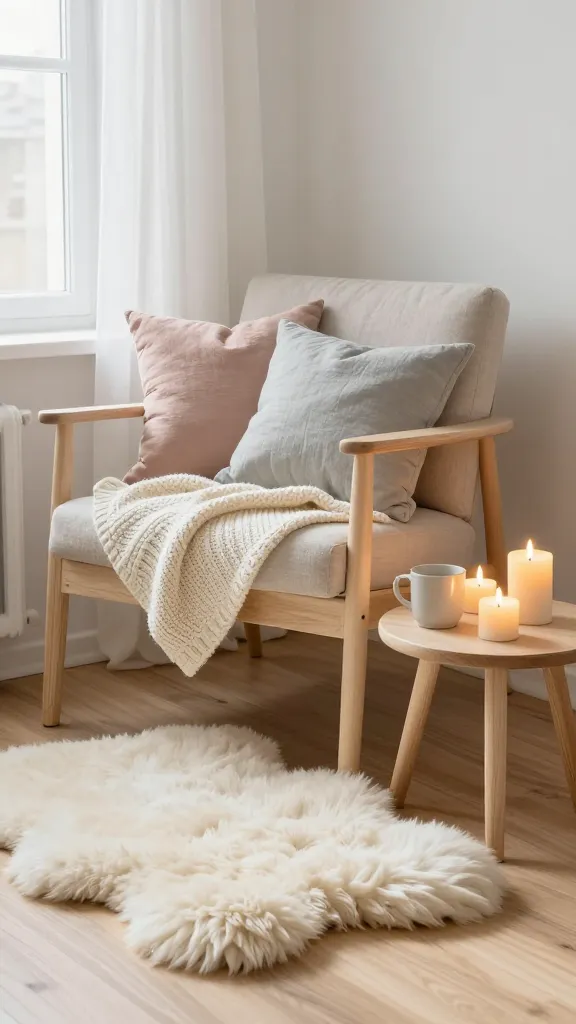 A high-resolution, realistic photo of a small, sun-drenched corner in a Nordic-style apartment, embodying hygge. A light birch wood armchair with clean lines is adorned with a chunky cream knit throw and several soft linen cushions in muted pastels and light grey. Beneath it, a small, plush sheepskin rug adds texture to light wood flooring. On a minimalist light ash wood side table, several flameless LED candles flicker with a warm, ambient glow alongside a simple ceramic mug. Abundant natural light streams in from an unseen window, highlighting the soft textures and serene atmosphere. The overall color palette is dominated by creams, soft greys, and subtle pastel accents, creating an incredibly cozy and inviting small space. No text.
