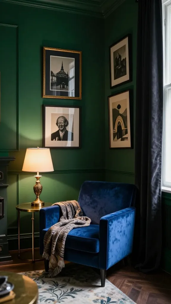 A high-quality, realistic photo of a small apartment living room, designed in a moody maximalist jewel box style. The walls are painted a deep, saturated emerald green, creating a luxurious, cocoon-like atmosphere. A small, impactful sapphire blue velvet armchair is positioned in a cozy corner, draped with a patterned, textural throw. Adjacent to it, a polished brass side table holds an ornate lamp, casting a warm, inviting glow. Behind the armchair, a curated gallery wall spans the space, featuring an eclectic mix of framed art with dark mats and gold frames, adding depth and drama. Rich, dark curtains frame a window, filtering natural light to enhance the moody ambiance. The compact room feels opulent and inviting, with every detail contributing to a sense of dramatic comfort. Professional interior photography, soft ambient lighting, shallow depth of field, high resolution.