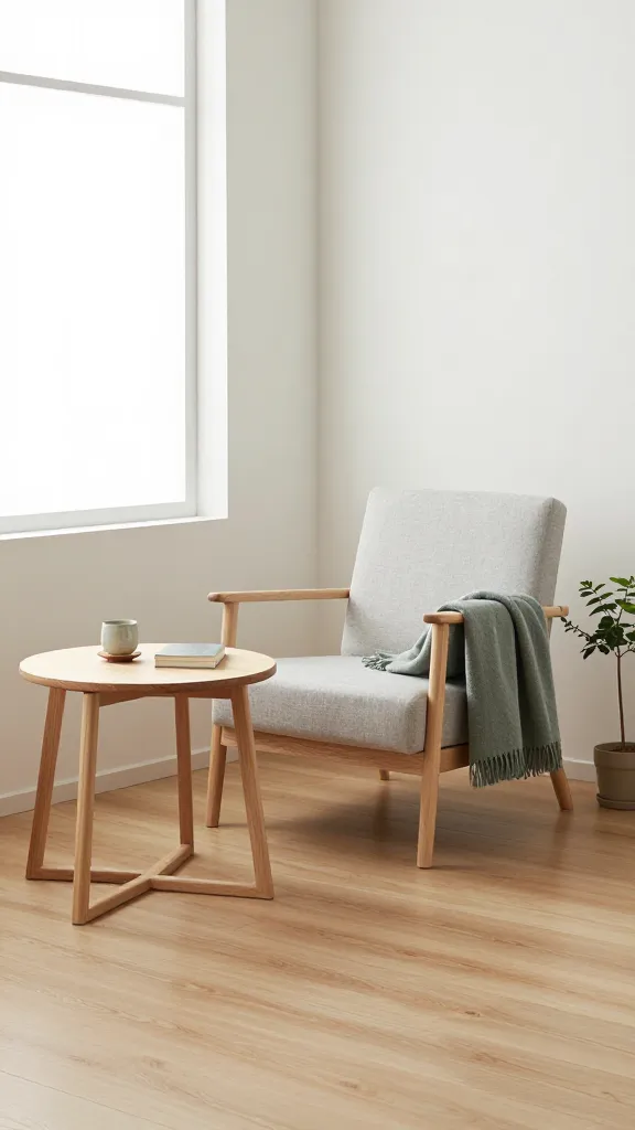 A high-quality, realistic photograph of a tranquil, minimalist Zen den in a small apartment. The cozy space features soft off-white walls and light maple wood flooring. A clean-lined, low-slung armchair upholstered in a light grey linen fabric is positioned next to a simple, elegant light maple wood side table. On the table, a single handcrafted ceramic teacup and a small, neatly stacked book. A muted sage green throw blanket is folded precisely over the arm of the chair, adding a subtle touch of color. A small, healthy potted plant with clean lines sits on the floor nearby. Natural light pours in from a large window, illuminating the room and emphasizing the sense of spaciousness, order, and calm. Every detail is purposeful, contributing to a serene and uncluttered aesthetic.