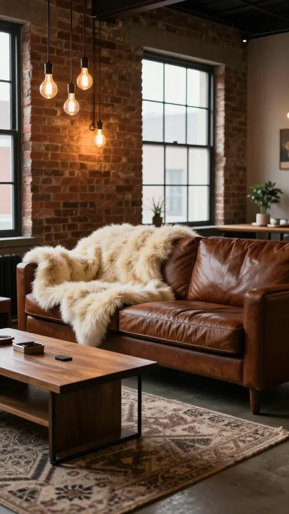 A high-quality, realistic photograph of a small industrial loft living room designed for ultimate coziness. The scene features a deep brown leather sofa positioned against an exposed brick wall. A large, luxurious cream faux fur throw is artfully draped over the sofa, creating an immediate sense of warmth and invitation. Warm, ambient light emanates from a cluster of Edison bulb pendant lights hanging above a dark wood coffee table with subtle metal accents. A plush, textured area rug in a muted geometric pattern softens the concrete floor, grounding the space. The overall atmosphere is inviting and warm, showcasing how thoughtful styling transforms urban grit into a cozy sanctuary in a compact space, highlighting the small details that make it feel intimate and comfortable. Natural light filters softly through a large, black metal-framed window in the background. No text.